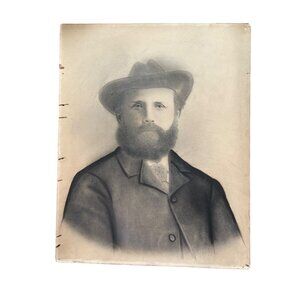 Antique Victorian Charcoal Chalk Sepia Portrait Of Bearded Man In Hat